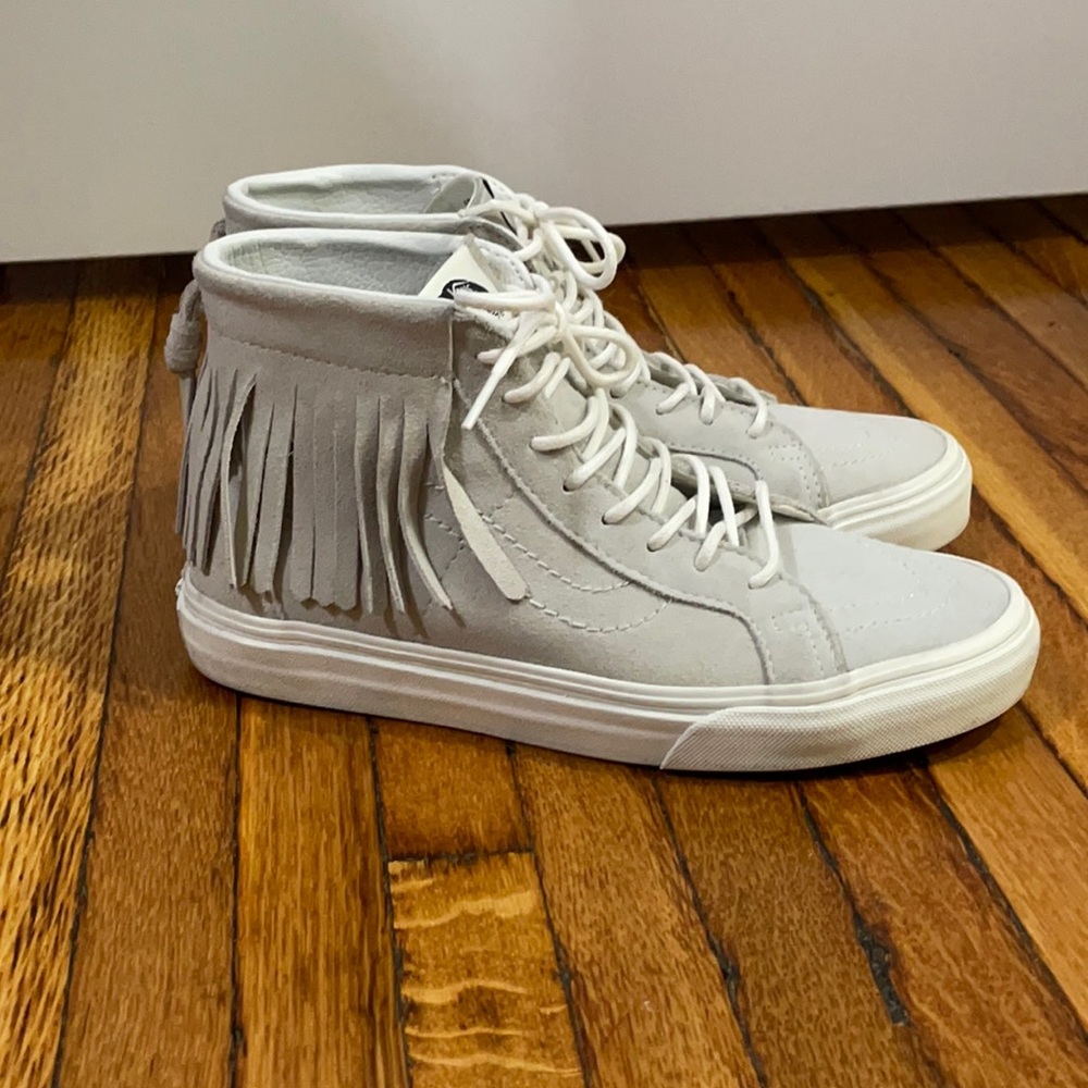 Suede, cloud gray Vans with fringe detail